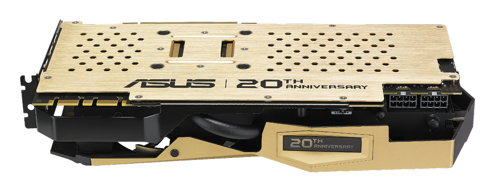 華碩20周年黃金限量版GTX 980 Ti顯示卡，內建新一代GPU Tweak II負載校正超頻工具，玩家能即時調控GPU速度、電壓，以及視訊記憶體時脈，在遊戲中取得更多超頻優勢。