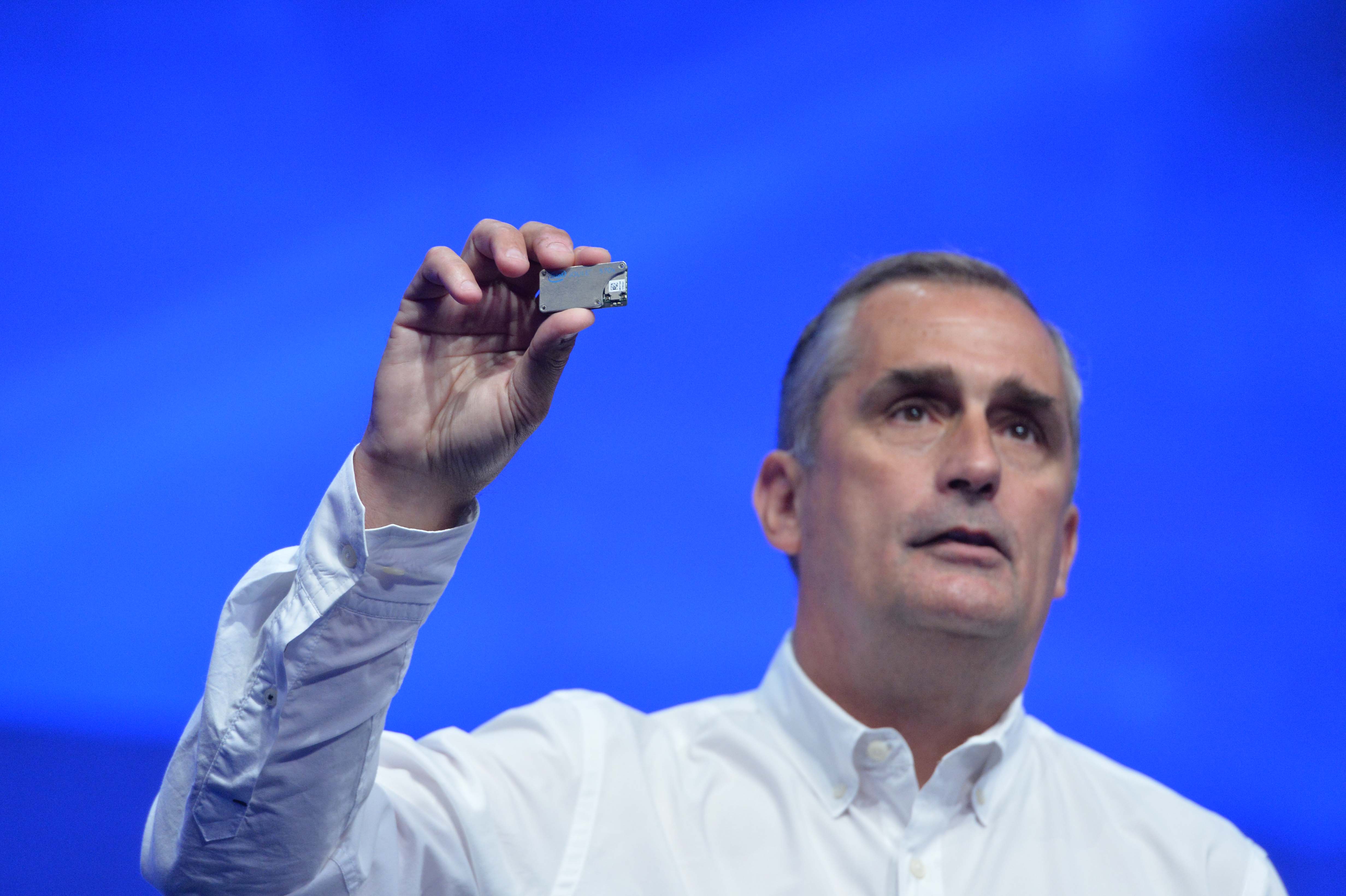 Intel CEO Brian Krzanich displays a Joule maker board at the 2016 Intel Developer Forum in San Francisco on Tuesday, Aug. 16, 2016, during his opening keynote presentation. His presentation offered perspective on the unique role Intel will play as the boundaries of computing continue to expand. (Credit: Intel Corporation)