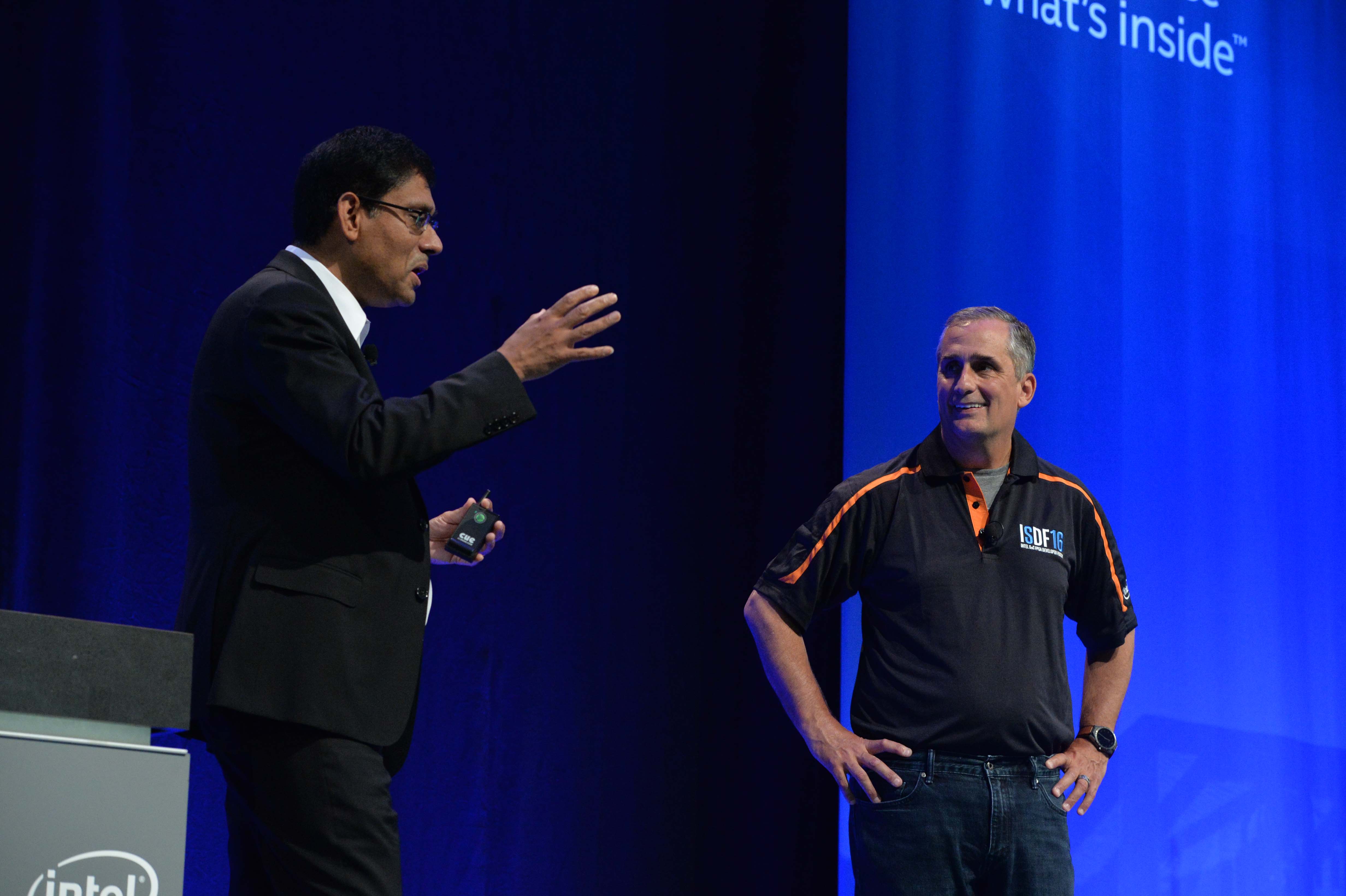 Brian Krzanich, Intel chief executive officer, and Schneider Electric?s chief technology officer Prith Banerjee (right) highlight the value of Intel?s FPGAs and SoC FPGAs within Industrial IoT systems at the inaugural Intel SoC FPGA Developer Forum in San Francisco on Thursday, Aug. 18, 2016. (Credit: Intel Corporation)