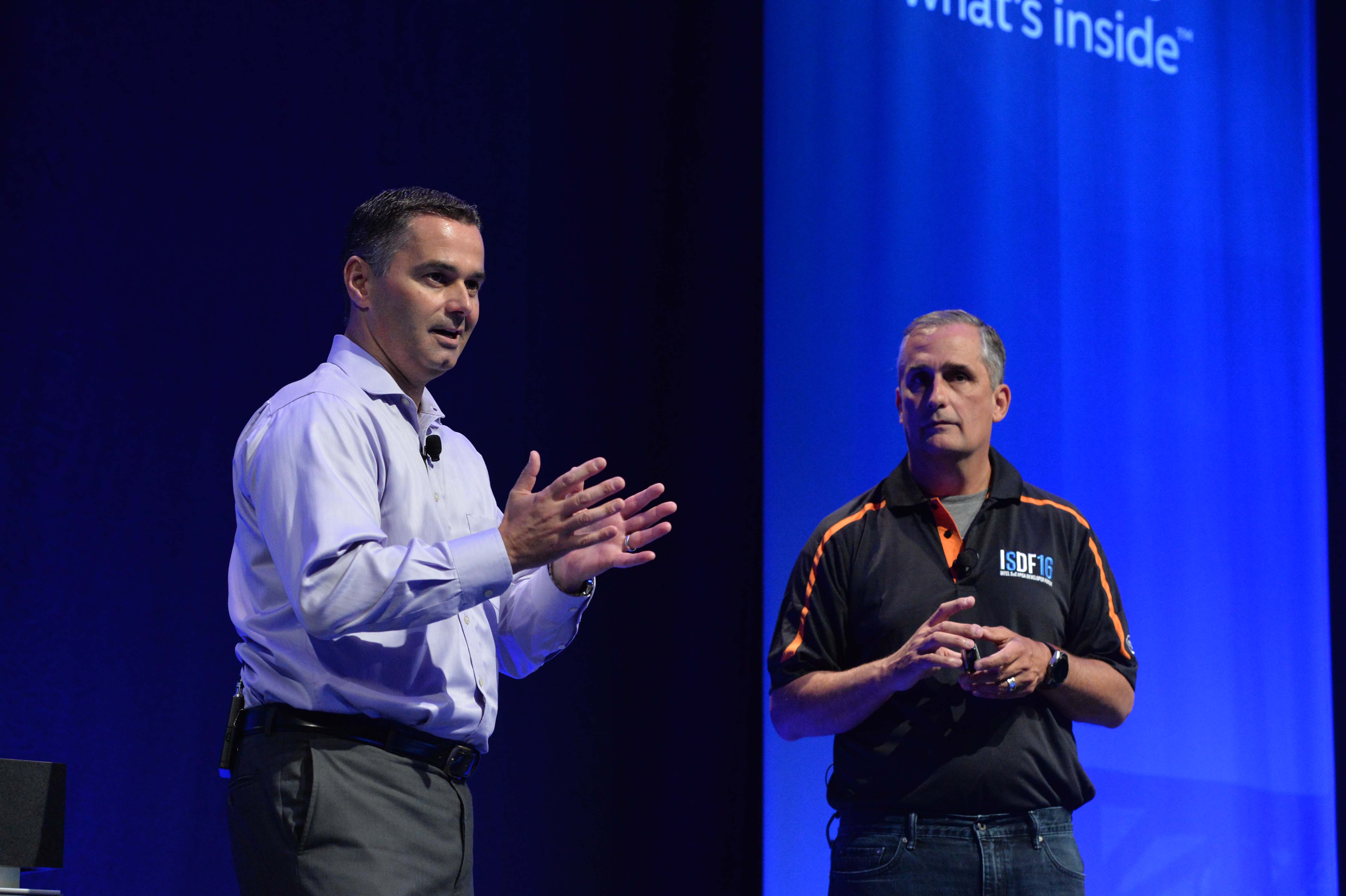 Brian Krzanich, Intel chief executive officer, and Dan McNamara (left), corporate vice president and general manager of Intel?s Programmable Solutions Group, address the audience at the inaugural Intel SoC FPGA Developer Forum in San Francisco on Thursday, Aug. 18, 2016. (Credit: Intel Corporation)
