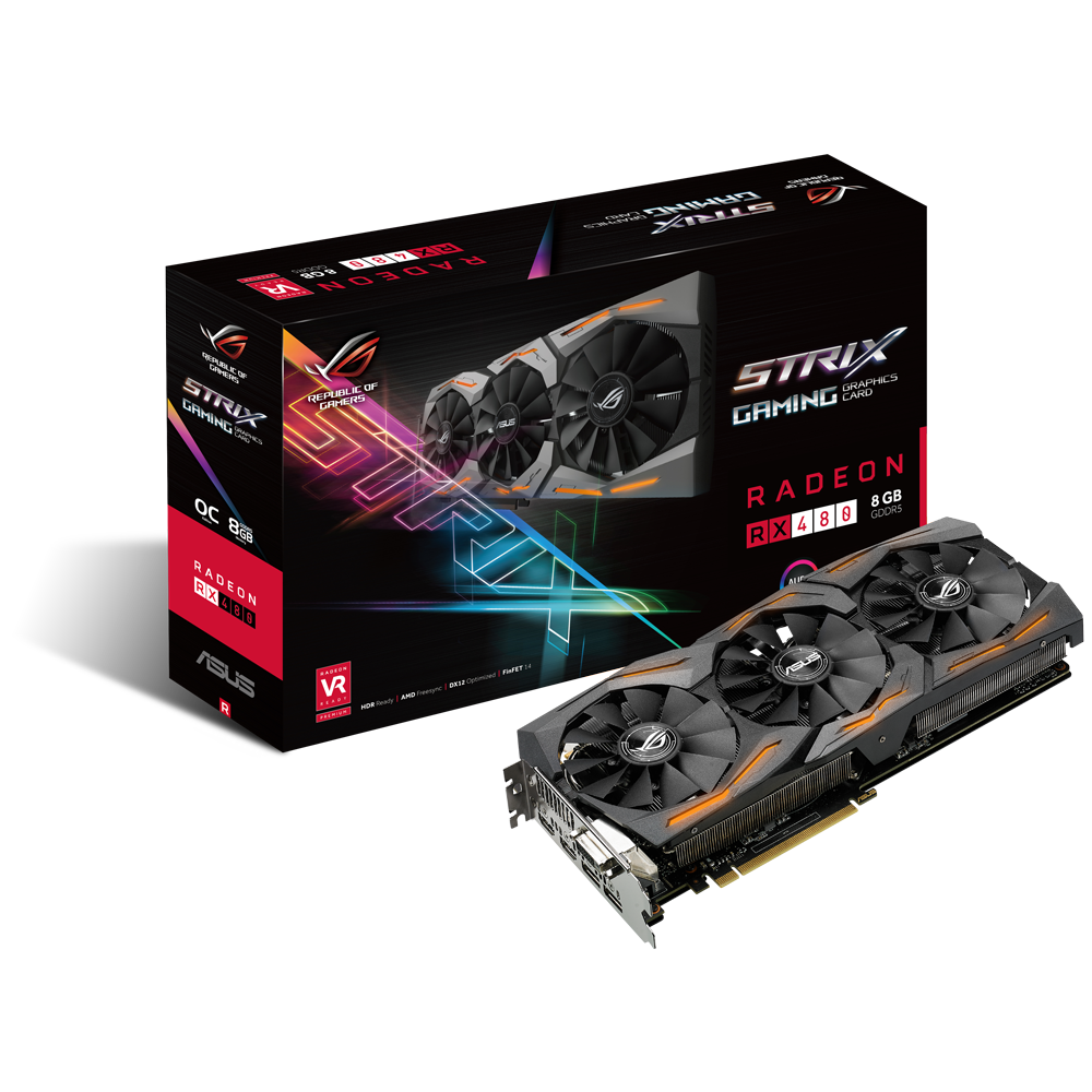 ROG STRIX RX480旗艦電競顯示卡，搭載AMD Radeon RX480圖形處理器，於超頻模式下核心時脈速度可達1330MHz，在3DMark Fire Strike Extreme效能跑分測試中，速度亦超越公版顯示卡15%！